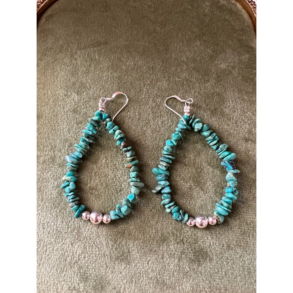 Native American Turquoise Nugget Sterling Silver Earrings 2.75” Drop 10g Boho